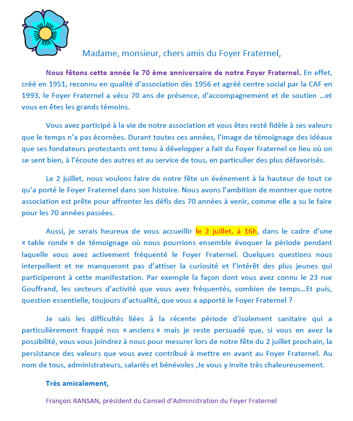 Lettre d'invitation de François RANSAN (président du Conseil d'Administration) à la Fête du Foyer à l'occasion du 70ème anniversaire du Foyer Fraternel