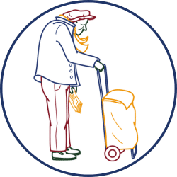 L'une des dix illustrations du Foyer Fraternel : une vieille dame avec son caddie de courses