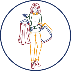L'un des dix illustrations du Foyer Fraternel : une jeune femme portant sacs et un cintre avec une jupe.
