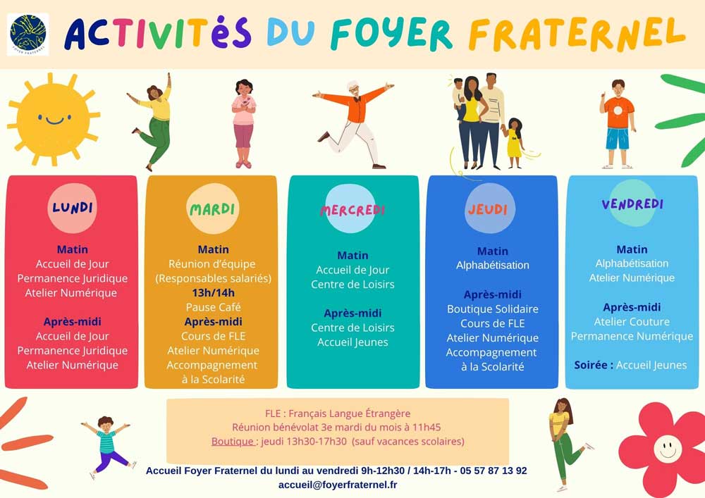 Flyer résumant les activités du Foyer Fraternel