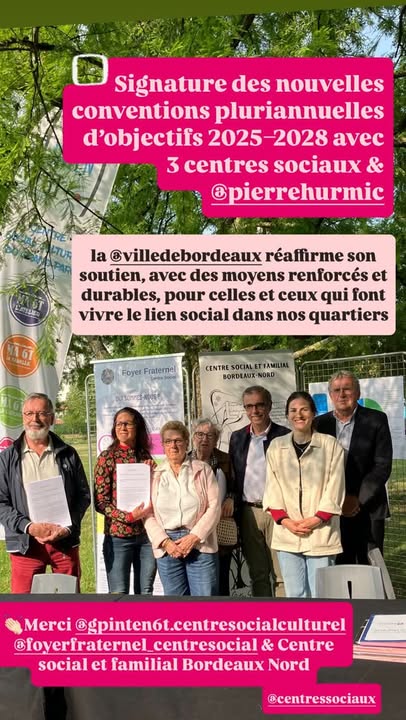 Les 3 trésoriers des 3 centres sociaux avec le Maire de Bordeaux Pierre Hurmic, Fannie Le Boulanger et Bernard Blanc