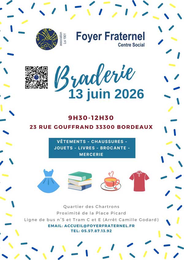 Flyer d'invitation à la braderie du samedi 13 juin de 9h30 à 12h30 au 23 rue Gouffrand, 33300 Bordeaux